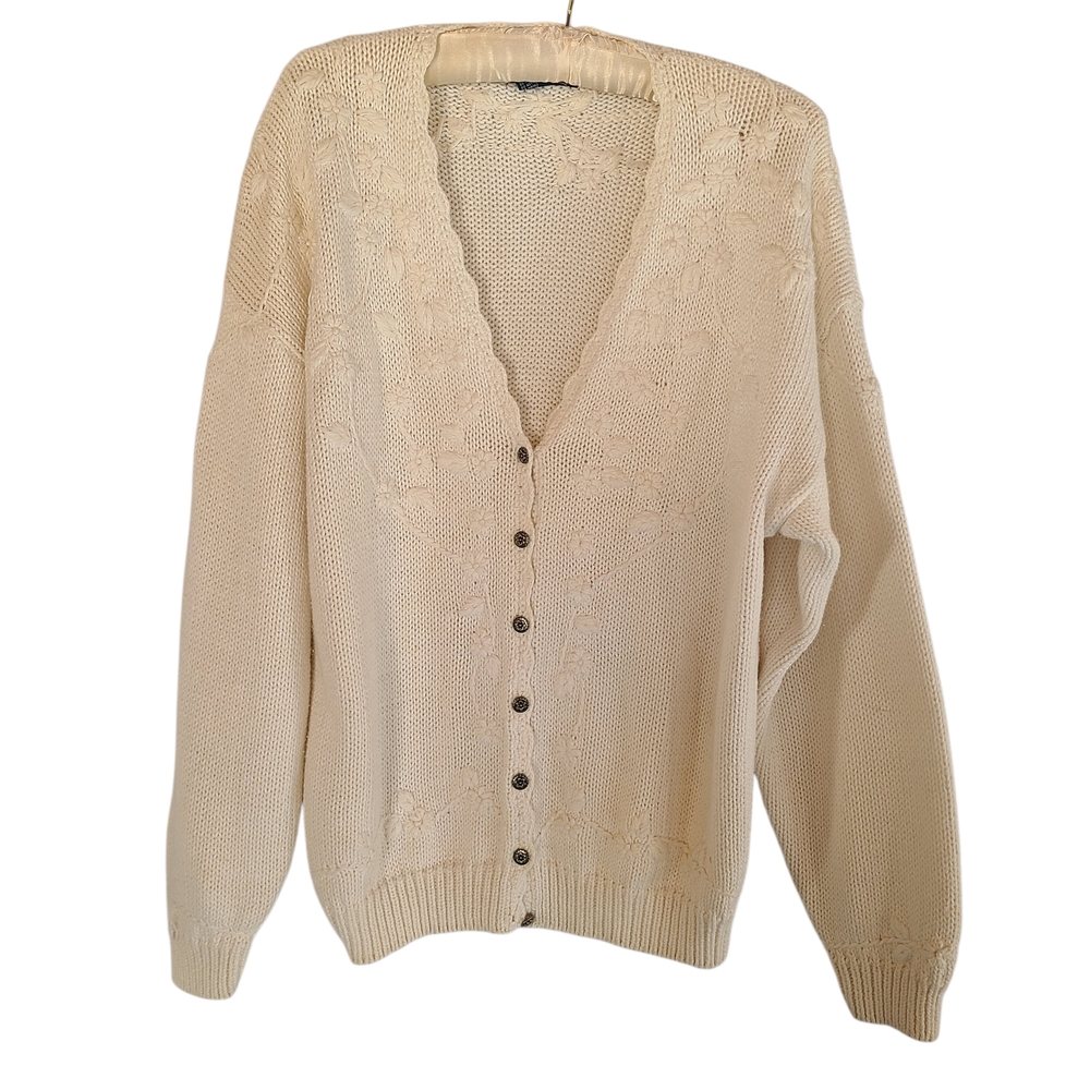 Vintage 90s BEST American Cream Knit Cardigan Sweater Cottagecore Grannycore M